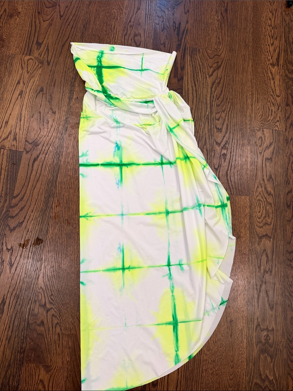 Strapless Neon Tie-Dye Maxi Dress — White with Lime & Teal